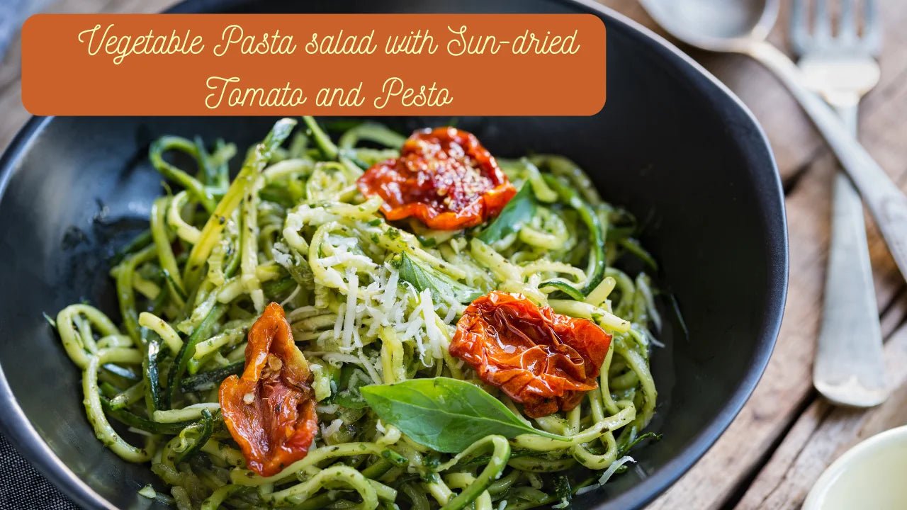 Vegetable Pasta salad with Sun-dried Tomato and Pesto - Nosh Detox